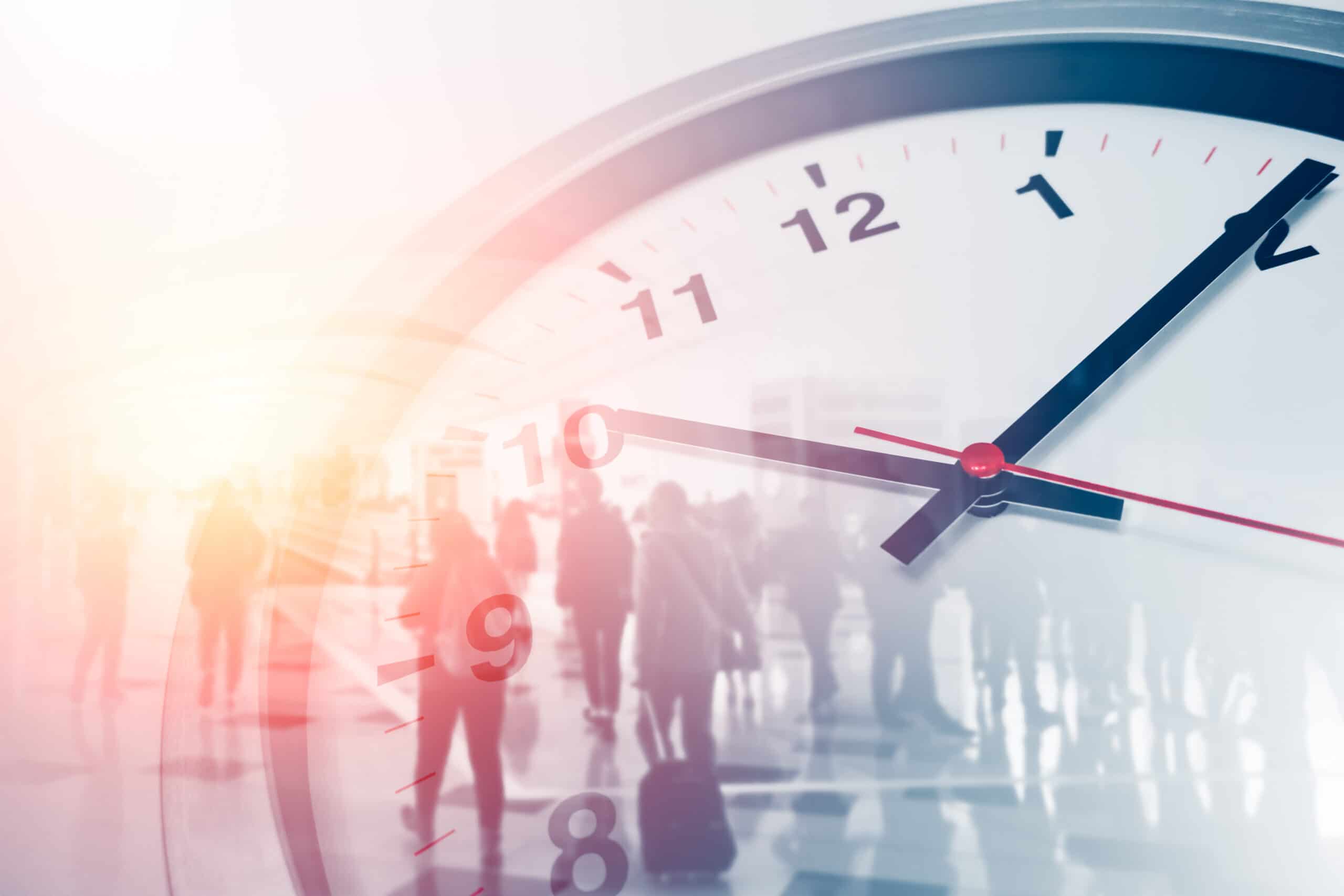 Business,Times,Concept,People,Walking,Overlay,With,Time,Clock